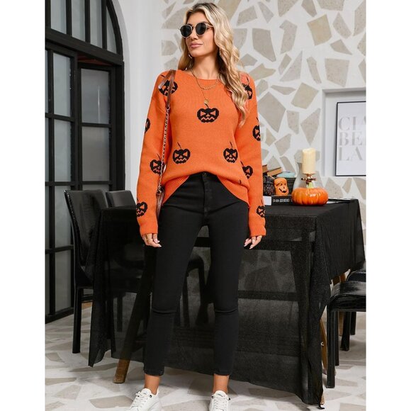 Women's Orange Pumpkin Sweater Crew Neck Long Sleeve Halloween Pullover - Picture 6 of 7